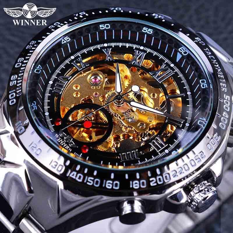 Winner Classic Series Golden Movement Stahl Herren-Skelettuhr Mechanische Top-Marke Luxus-Mode Automatikuhren