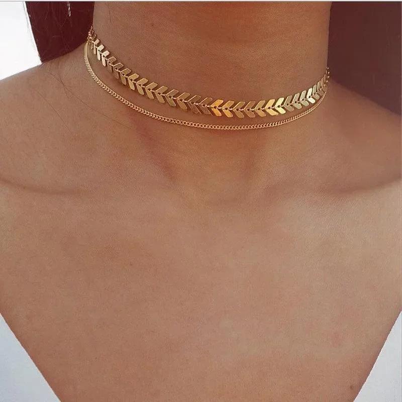 Simple Sequined Fishbone-shaped Fashionable Short Necklace for Men and Women, Fashion Jewelry Accessories, Creative Necklace