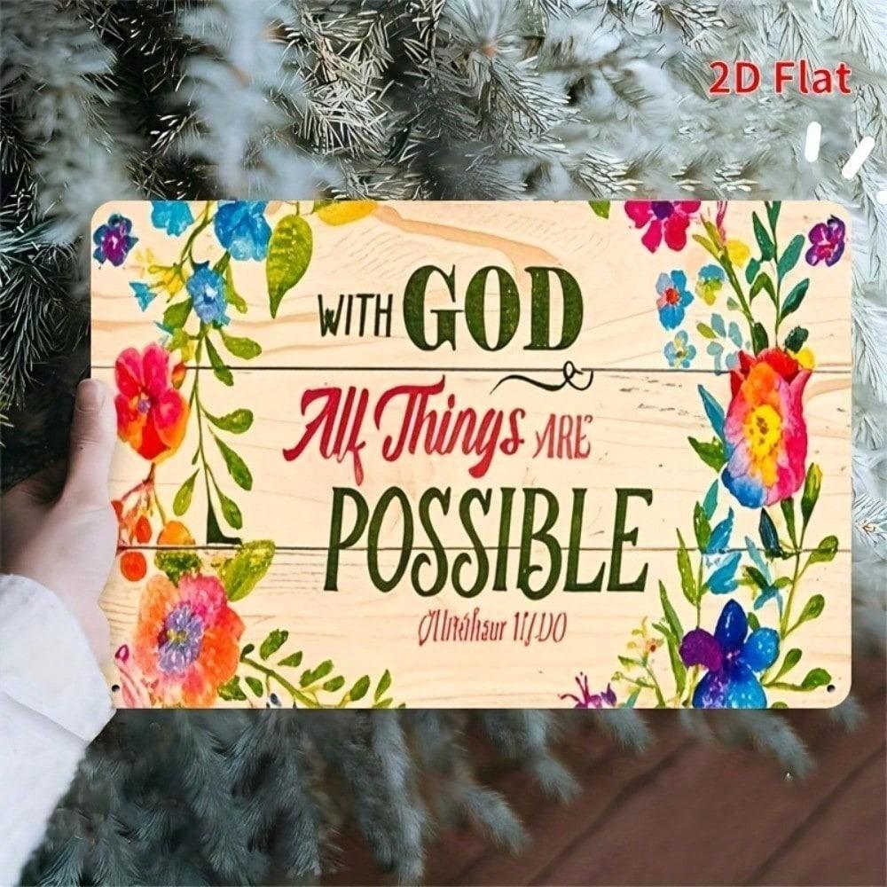 With God All Things Are Possible Metal Sign Inspirational Christian Bible Verse Wall Art Home Decor