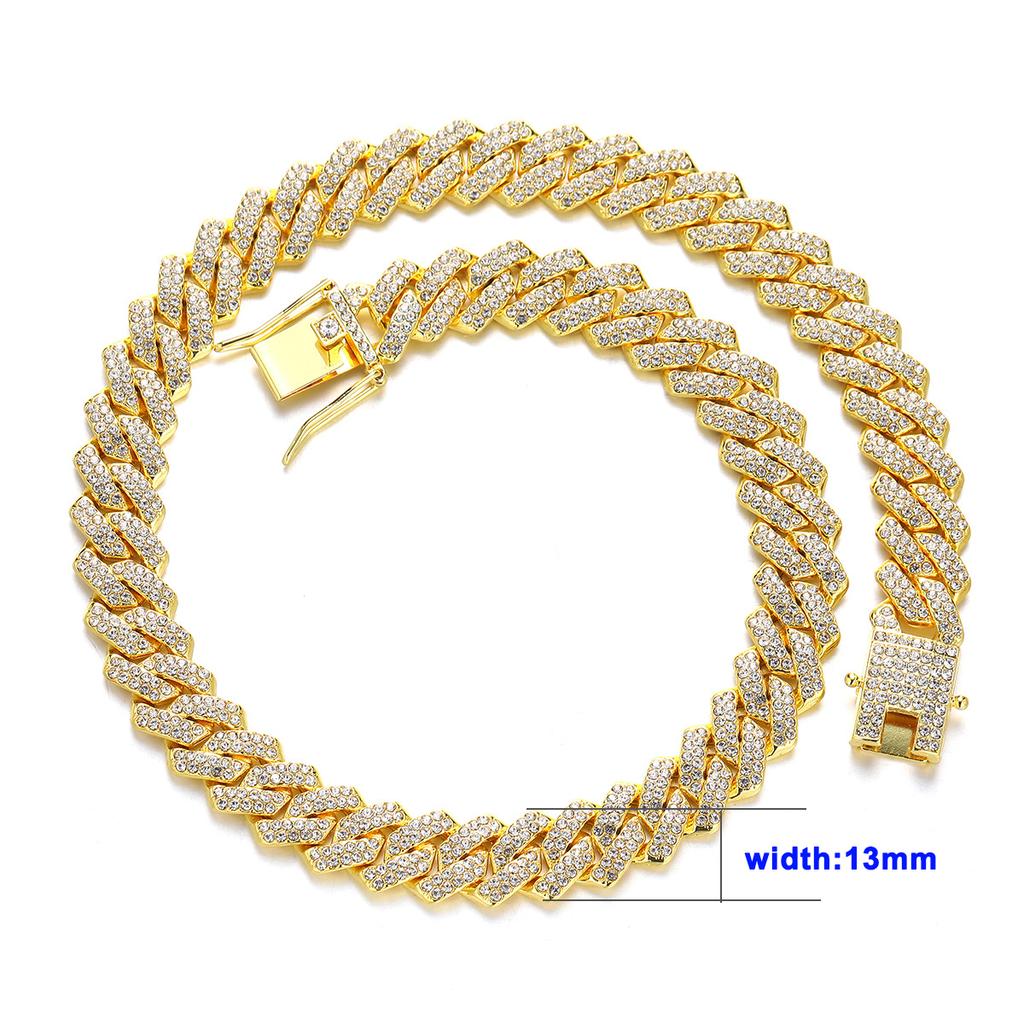 Necklace+Bracelet Cuban Link Chain Hip Hop Men Necklace 14mm Iced Out Paris Chain 2 Row Rhinestone Paved Miami Rhombus Cuban