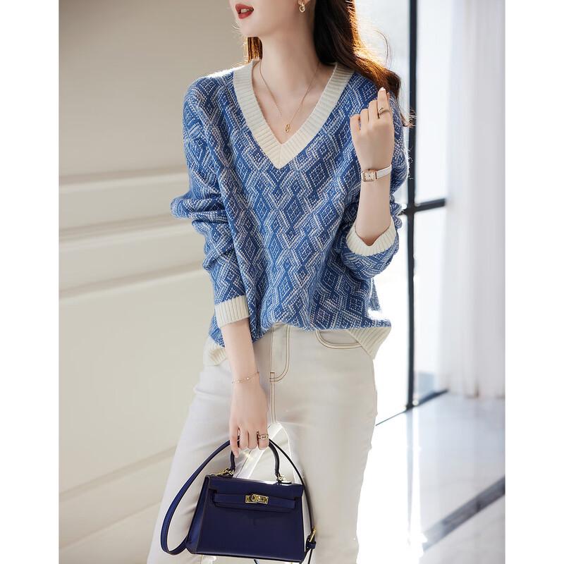 Demana Women's V-Neck Retro Plaid Knit Sweater