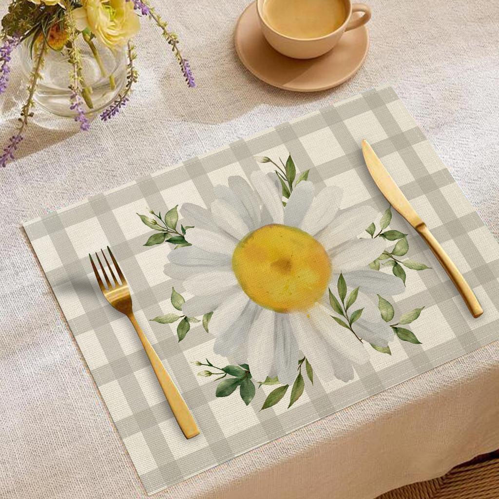 Pastoral Themed Linen Placemat Daisy Printed Bowl and Plate Heat Insulation Mat Washable Stain Resistant Desktop Decoration