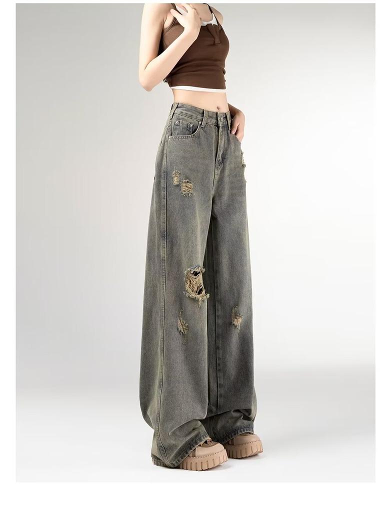 Retro Ripped Straight Jeans Women's Autumn New Design Sense Versatile Loose High Waist Wide Leg Trousers