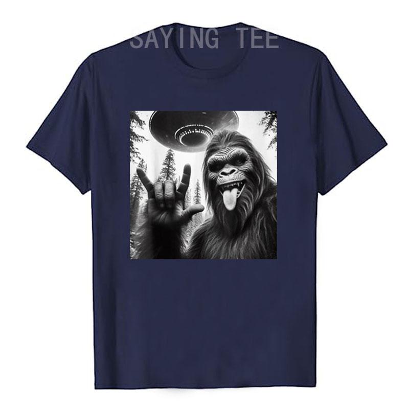 Funny Sasquatch Bigfoot Rock on Selfie with UFO Alien T-Shirt Humorous Father's Day Daddy Gift Short Sleeve Awesome Saying Tee