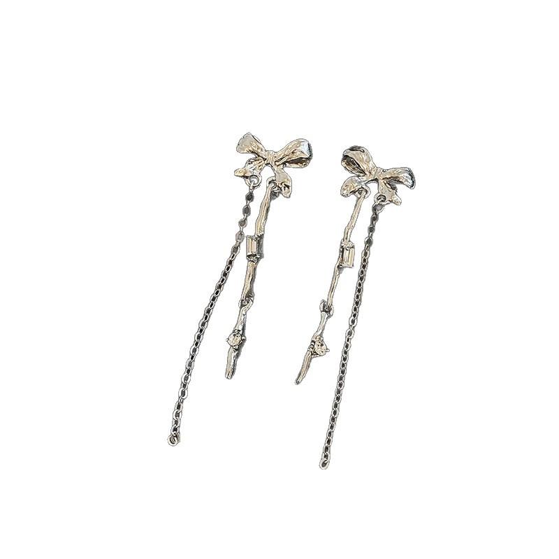 Silver needle bow fringed earrings women's niche design cold wind earrings temperament earrings