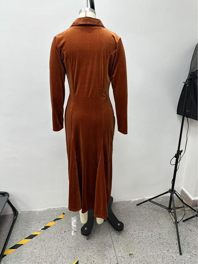 2025 Women's Solid Color Button-Up Lapel Dress with Cinched Waist and A-line Skirt, 3/4 Sleeves