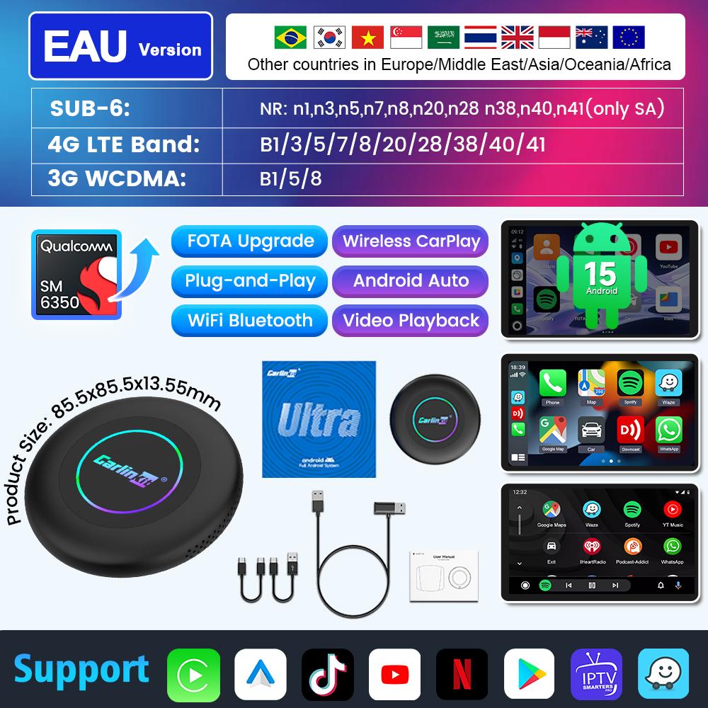 BER1 CarlinKit 3 In 1 Android 15 CarPlay Ai Box Wireless Adapter Android Auto Qualcomm SM6350 128GB 8-Core for Youtube Netflix FOTA