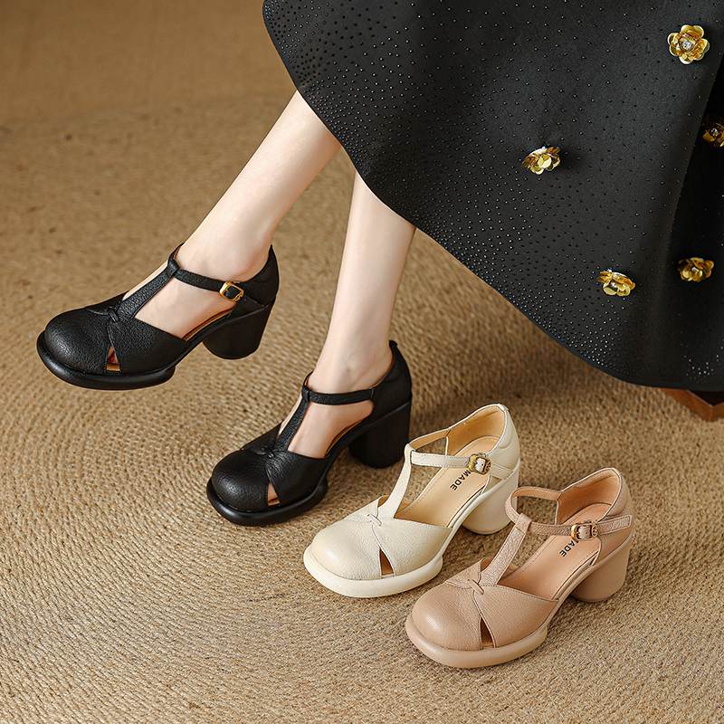 Krazing Pot Sheep Skin Round Toe Size 41 Thick Round High Heels Buckle Straps Hollow Platform Gladiator Autumn Pumps