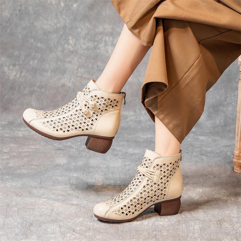 2025 Summer Genuine Leather Peep-Toe Perforated Mid-Heel Sandals - Women's Retro Chunky Heel Martin Boots.