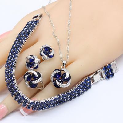 Color Bridal Jewelry Sets For Women Round Dark Blue Crystal Bracelet Stud Earrings Necklace Pendant Rings Free Gift Box