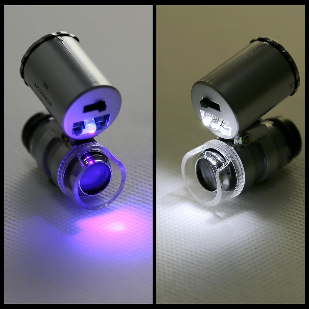 60X LED Mini Microscope Magnifier Portable UV Currency Detector Jewelry Inspection Pocket Handheld Louifying Glass for Coins Stamps