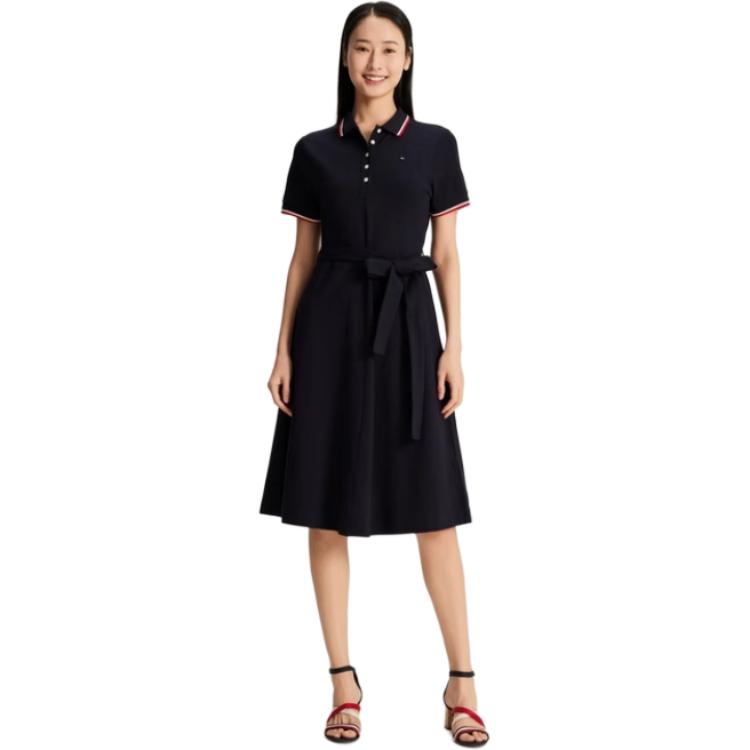 Tommy Hilfiger Elegant Casual Five-Button Waist-Tie Trimmed Fitted Polo Dress Women Dresses Navy-Blue WW0WW41777