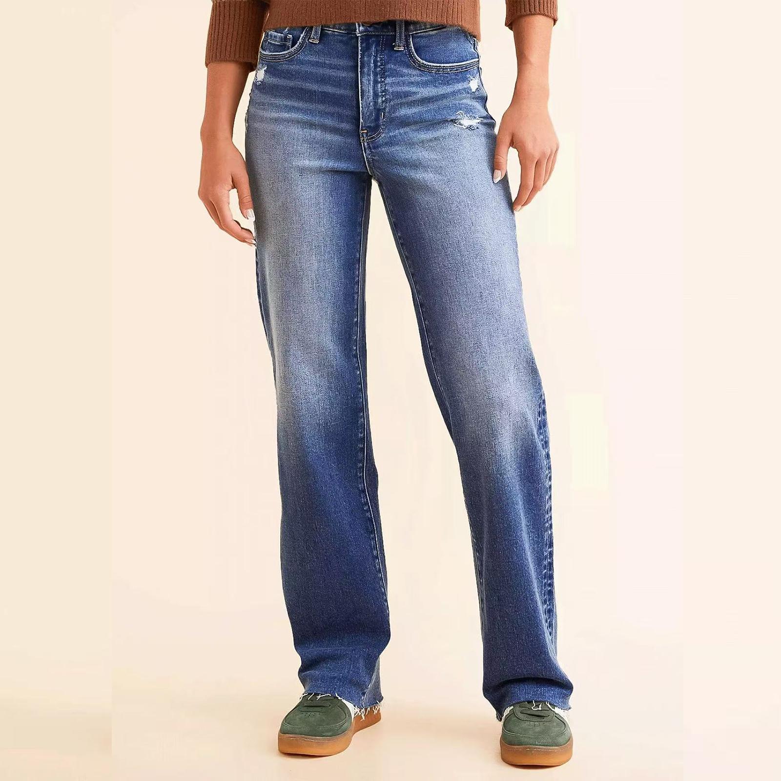 

Women s High Waist Washed Women s Jeans Fashionable Versatile Straight Leg Pants XL темно-синий