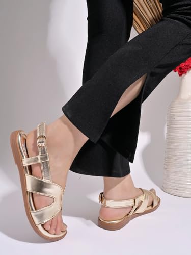 Shoetopia Women S Snd-190 Flat Sandal-6 Kids Uk (Snd-190-Golden)-Eu39 6 UK