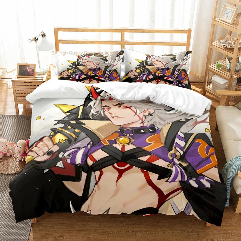 Beelzebul Bettwäsche-Set Einzelbett Twin Full Queen King Size Genshin Lmpact Bettset Aldult Jungen Schlafzimmer Raiden Shogun 3D-Druck 019
