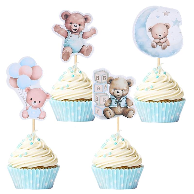 12/24Pcs Cartoon Bear Cupcake Toppers for Kids Baby Boy Girl 1st Birthday Party Cake DIY Decoration Blue Pink Baby Shower Favors