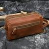 Vintage Men's Genuine Leather Clutch Bag Brown Cow Leather Storage Bag Travel Toiletry Kits Wash Bag Genuine Leather Men Women