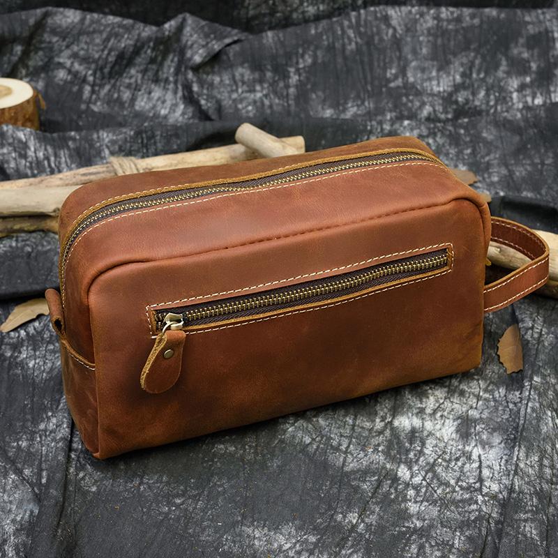 Vintage Men's Genuine Leather Clutch Bag Brown Cow Leather Storage Bag Travel Toiletry Kits Wash Bag Genuine Leather Men Women
