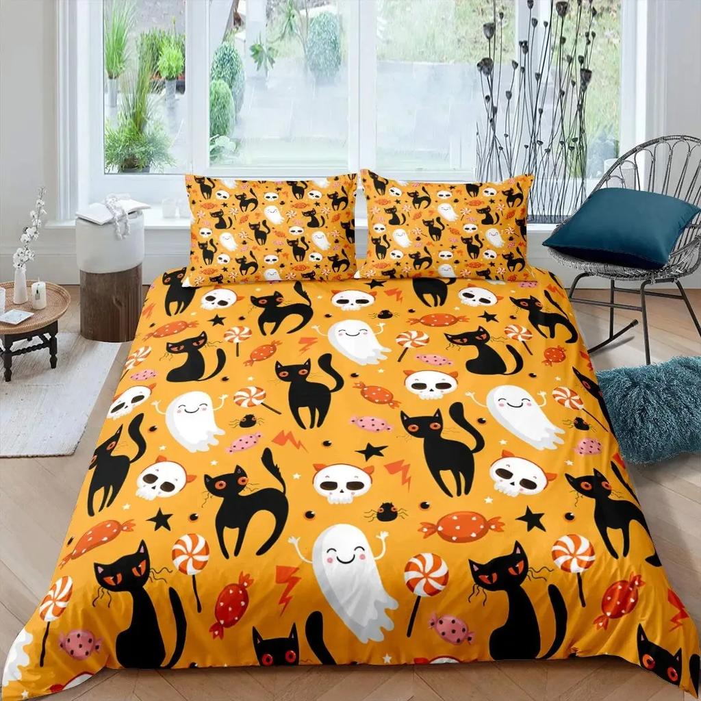 Katzenknochen-Bettwäscheset Full QueenHalloween Gothic Totenkopf Bettwäscheset SchwarzWeiß Galaxie Bettdeckenbezug Steppdeckenbezug