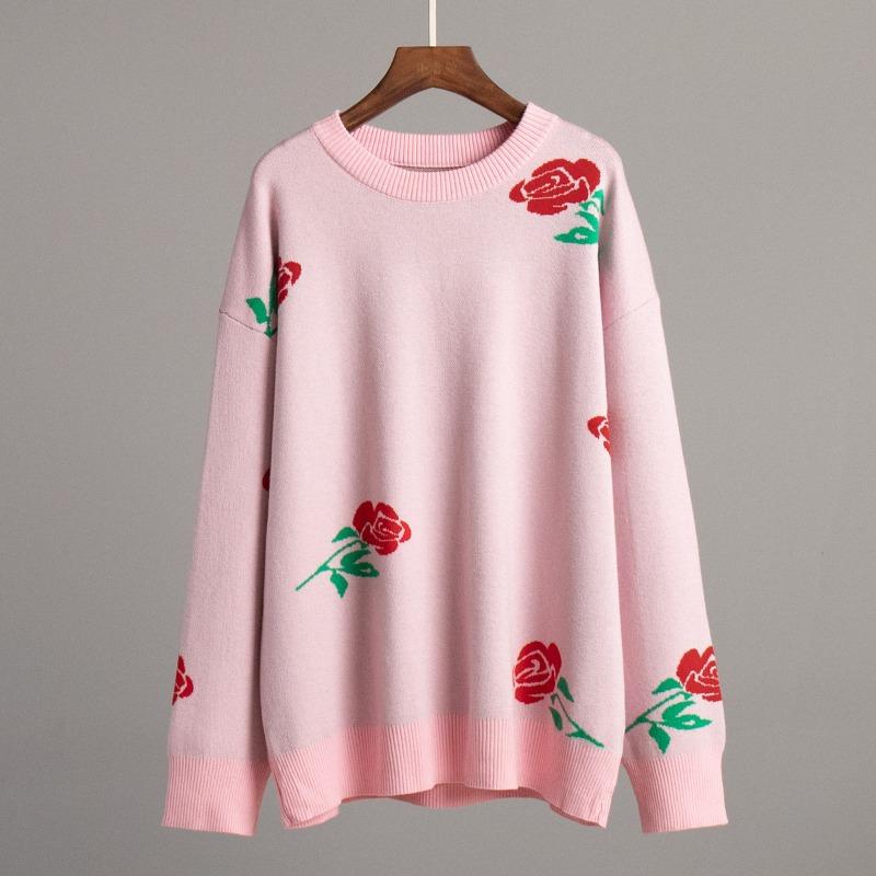 Herbst Rundhals Rose Print Gestrickte Pullover Frauen Winter Neue Mode Lose Pullover Pullover Weibliche Vintage Elegante Warme Casual Strickwaren Tops 24647
