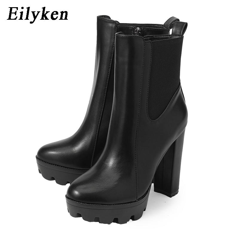 Eilyken High Quality High Heels Ankle Boots Fashion Women Thick Platform Autumn Winter Slip On Ladies Street Style Shoes Mujer