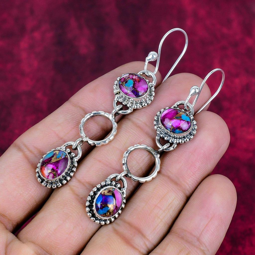 Copper Spiny Oyster Turquoise Earrings, 925 Solid Sterling Silver Gemstone Jewelry, Handmade Earrings, For Memorial Day