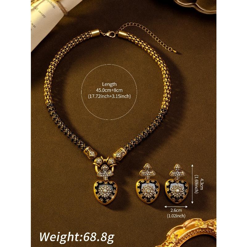 Vintage rhinestone inlaid flower black heart-shaped necklace and earrings
