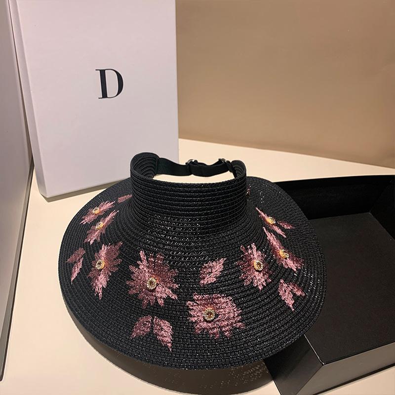 Fashionable Straw Visor Hat With Rhinestone Embroidery Foldable Sun Protection Beach Cap Versatile Shopping Summer Hat