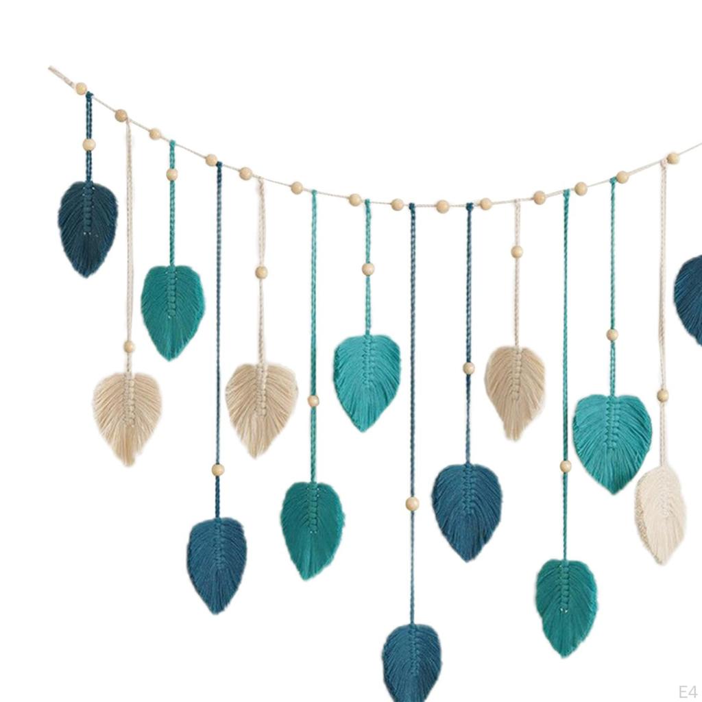 Bohemian Woven Tapestry Macrame Wall Hanging, with Photo Display Clips, Backdrop Art Decor Leaf
