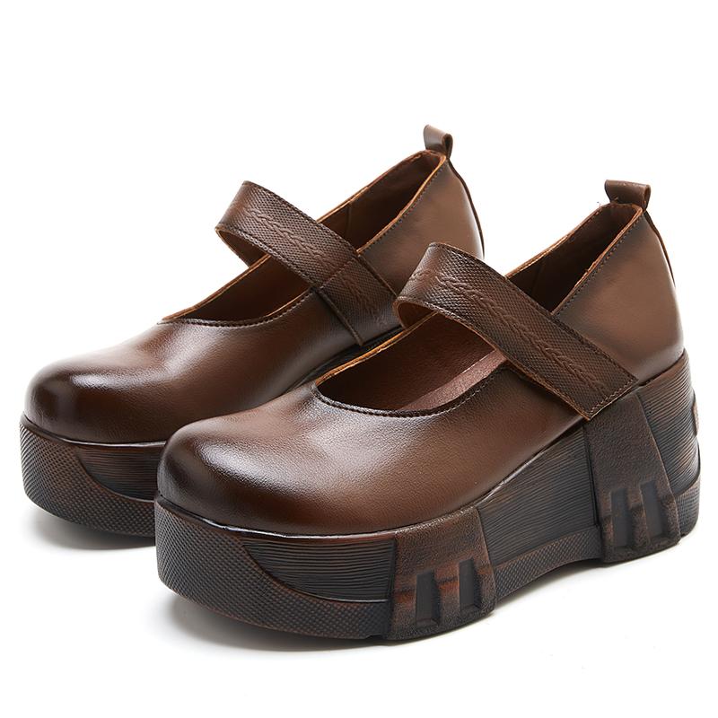 Móda GKTINOO 2024 Jaro Retro Dámské Boty z Pravé Kůže 7CM Klínky Podpatky Boty Silná Podrážka Ležérní Dámské Platformy
