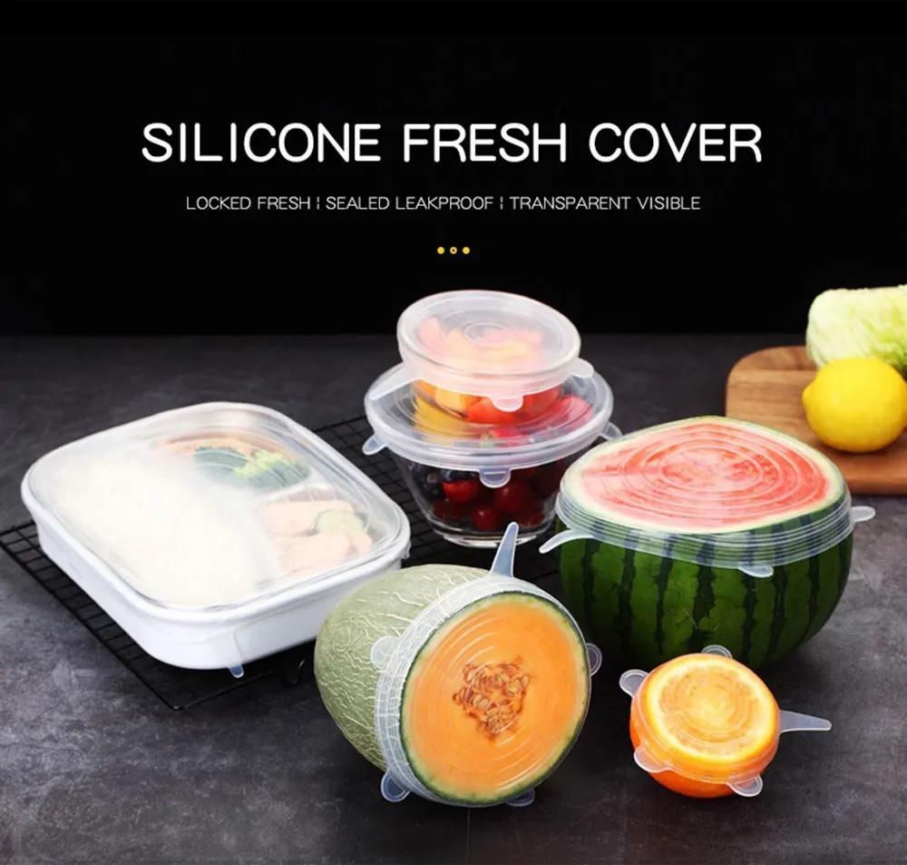 6Pcs/lot Food Adjustable Elastic Silicone Cover Cap Universal Expandable Lids for Cans Dishes Bowl Reusable Stretch Kitchen