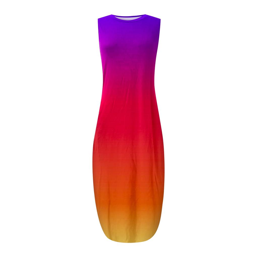 Women Sleeveless Casual Maxi Dress Round Neck Printed Beachwear Summer Long Dress with Side Pockets Lightweight Loose Fit