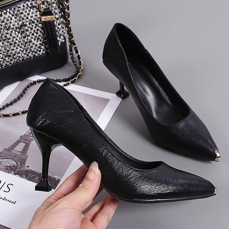 Spring New Medium Heel Women's Shoes Black Small Leather Shoes Stiletto Professional High Heels Spring Single Shoes Women