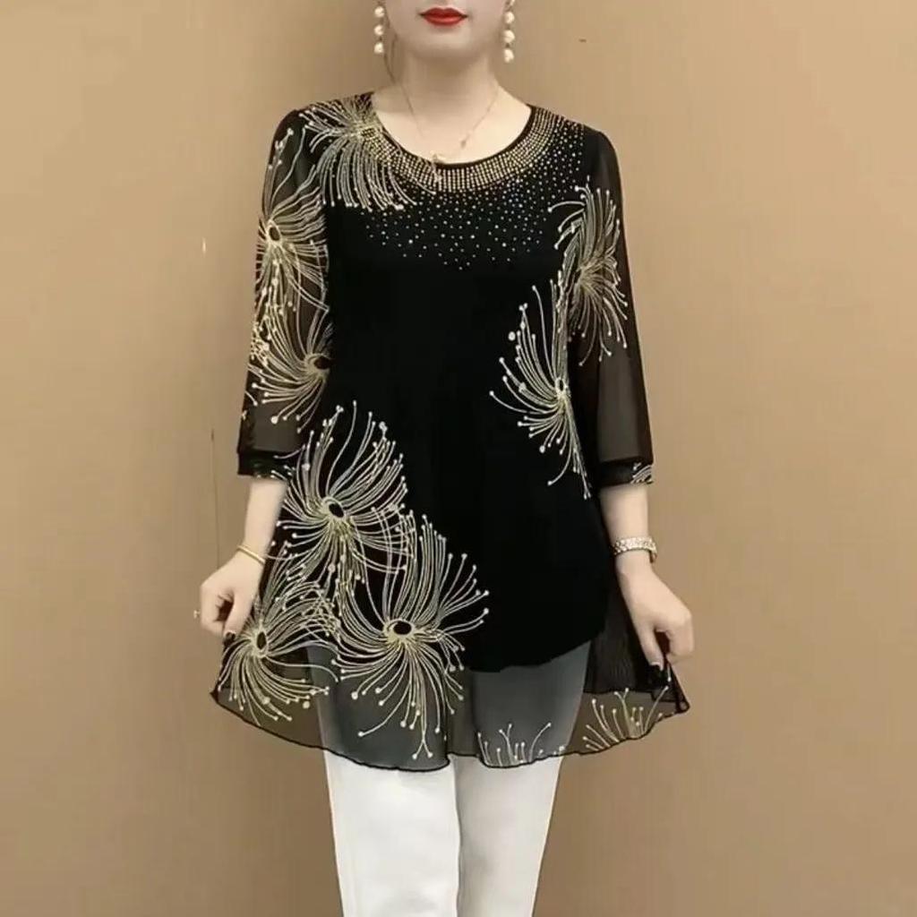 Camiseta de Manga Siete Minutos de Largo Medio para Mujer Primavera y Verano, Diseño para Mediana Edad y Ancianos, Tallas Grandes, Tops con Temperamento