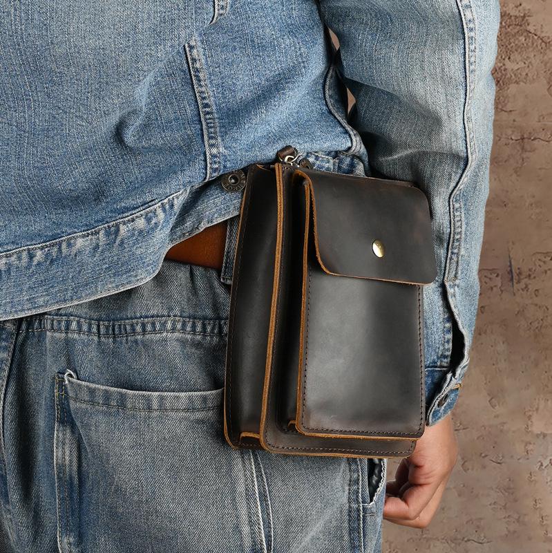 Retro Genuine Leather Waist Bag – Multifunctional Crossbody Pouch for 6-inch Phones