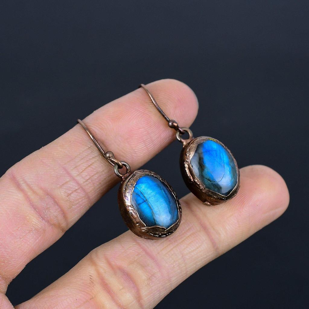 Labradorite Copper Electroformed Earrings, Handmade Gemstone Earrings Jewelry, Gifts For Wife Brand New Earrings