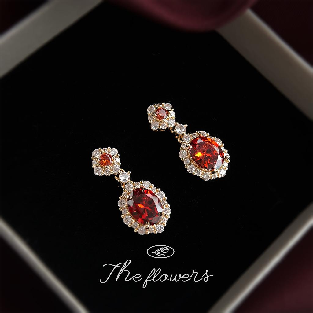 Literary inlaid zircon burgundy court pin plated commuter earrings earrings