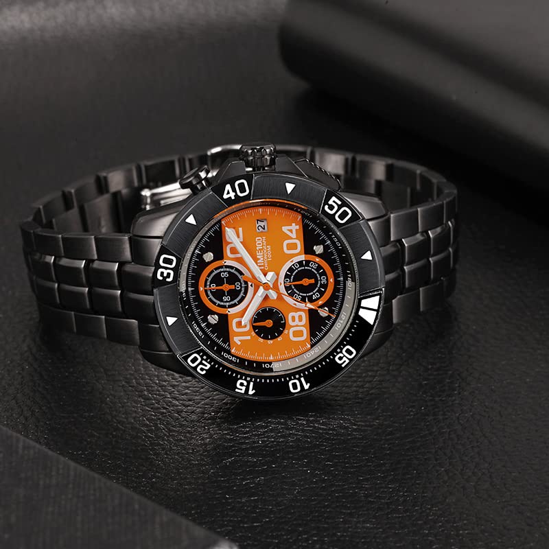 TIME100 Analog Watch with Black Case and Orange Waterproof and Sports Watch Men's Battery-Operated Dial, Easy-to-Read