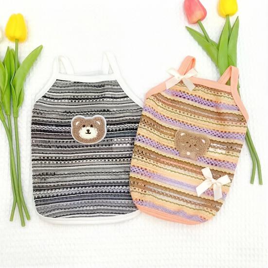 Pet Vest Sleeveless with Hollow Breathable Polyester Soft Plush Bear Bow Decoration Pet Vest Loose Fit Small Dogs Summer Wear