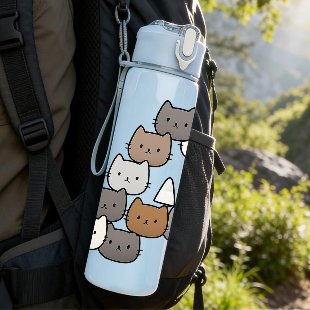 1PC Stacked Cute Cat Group 750ml Color Plastic Sports Water Bottle Leakproof Flip Straw Lid Suitable for Sports Office Home Use