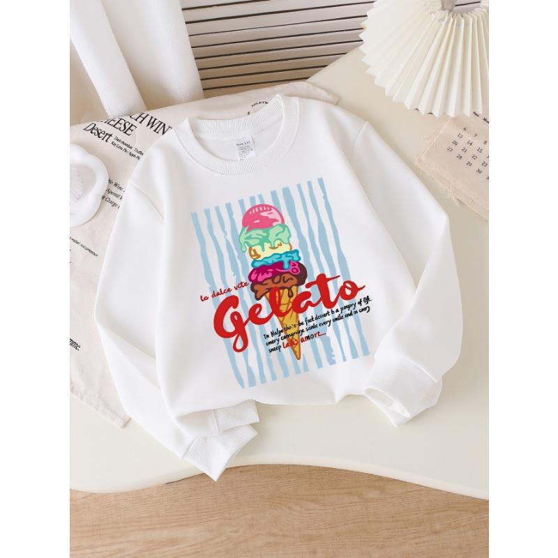European Sizes Girls Crew Neck Sweatshirt Colorful Gelato Ice Cream Cone Print, Soft Cozy Pullover, Warm Casual for Autumn & Winter.