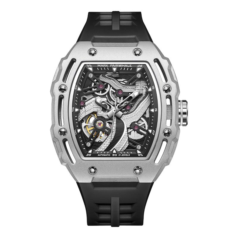 Mark Fairwhale Automatic Mechanical Watch for Men 46mm Alloy Case Rubber Band Waterproof Luminous Skeleton Embossed Dial