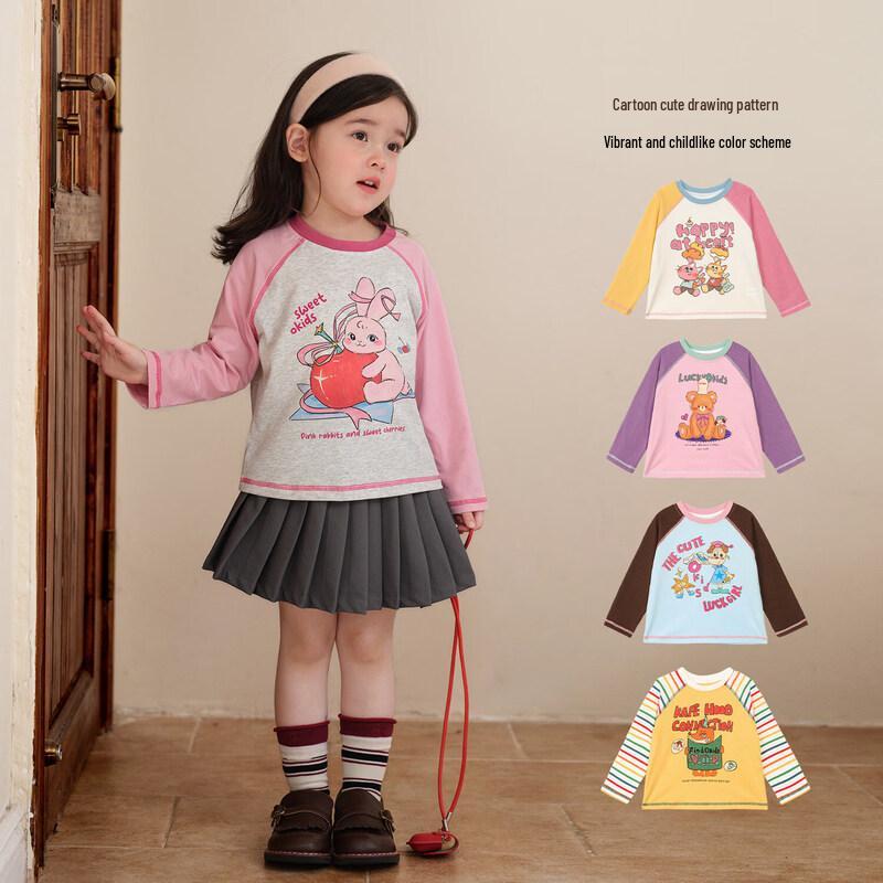 LUSON Little O Baby Girl's 2026 Spring Raglan Sleeve Cartoon T-Shirt