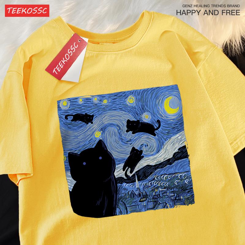 Oil Painting The Starry Cat Night Tshirt Men Women Casual Breathable Summer Tshirts Oversized Loose T Shirt Cotton Clothing