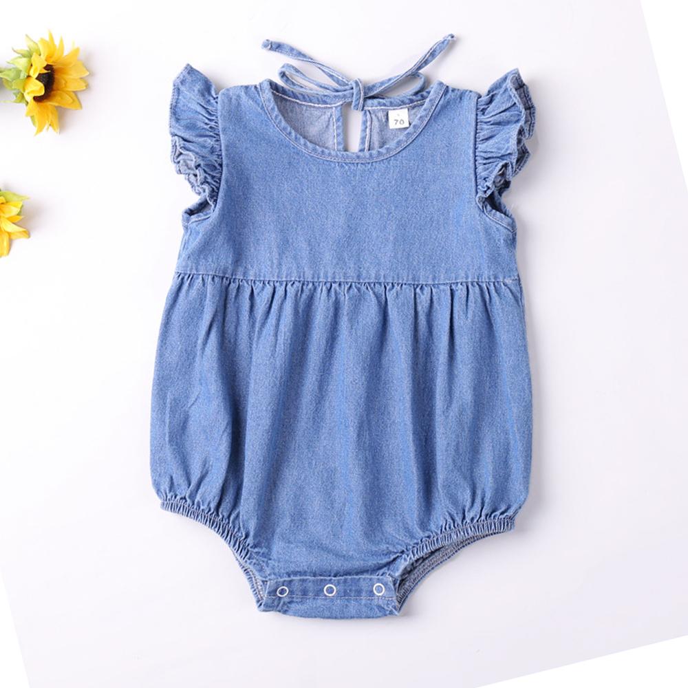 MARKET-2 Baby Meisjes Rompers Peuter Ruches Romper Katoen Denim Vlieg Mouwloos Zomer Bodysuit Zonpak Outfits Pasgeboren Baby Jumpsuit 0-3 Months lichtblauwe kleur