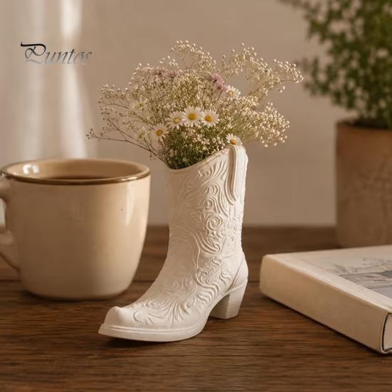 Rustic Desktop Ornament Western Cowboy Boot Vase, White Matte Relief Decorative Flower Pot, Vintage Art Piece PETG for Dried Flowers Home Decor