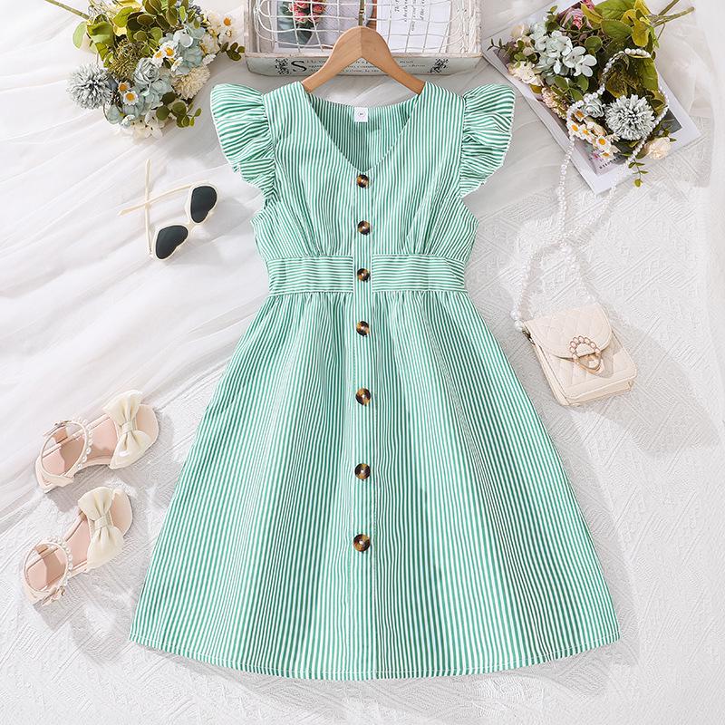 2025 Girls' Summer Striped Princess Dress with Fly Sleeves