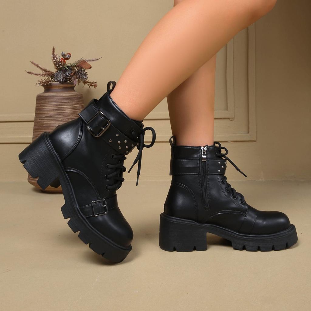 Nouveaux bottillons taille 42 grande taille bottes courtes talon épais Martin muffin Européen et Américain à lacets plateforme bottes pour femmes