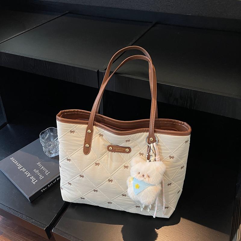 Bow Cotton Clothes Bag Large Capacity Women's Small Fresh Shoulder Bag Portable Embroidery Commuter Tote Bag New