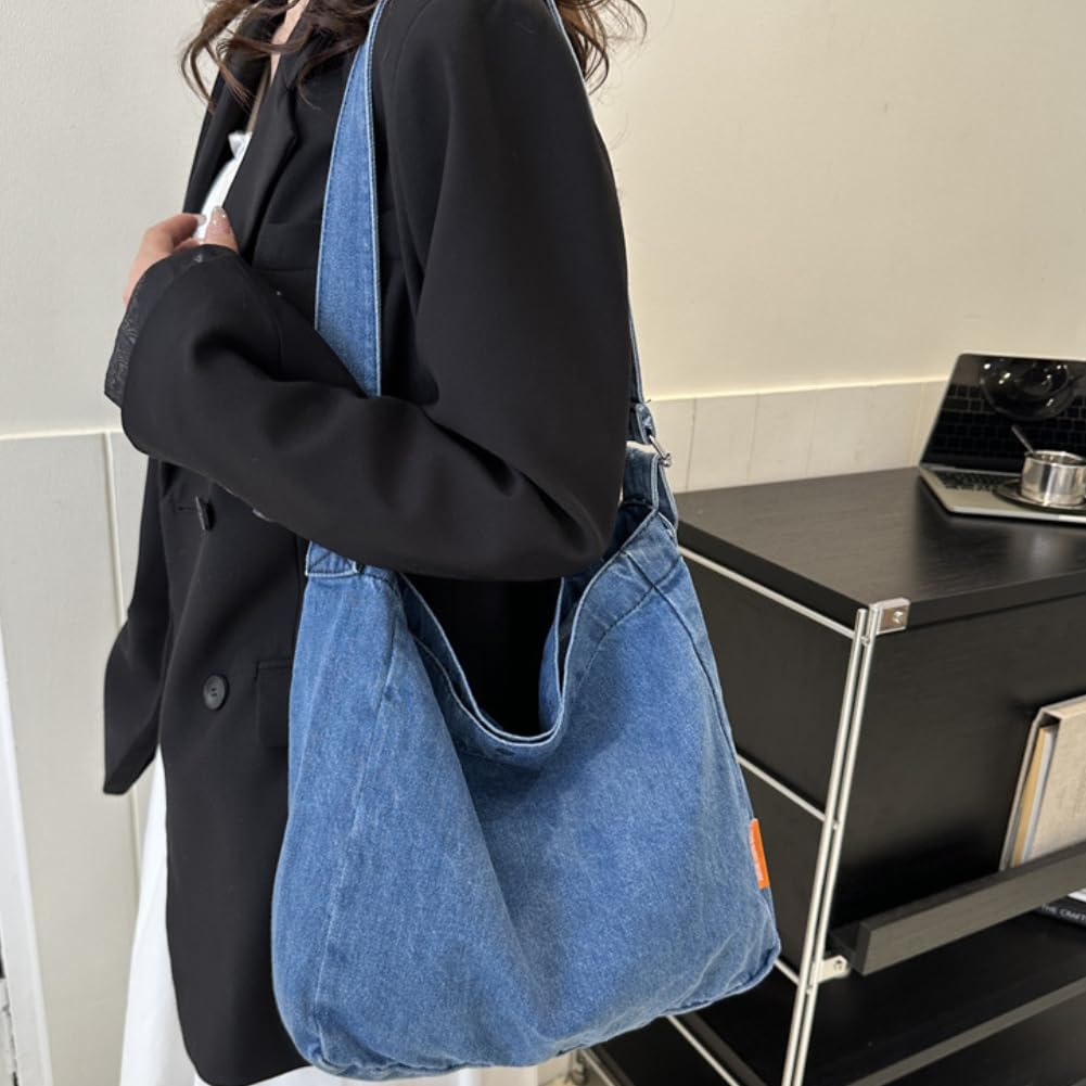 Denim Women's Shoulder Bag, Tote Bag, Messenger Bag, Crossbody Bag, Simple, Solid Color, Casual, Large Capacity, Remade Style (Light Blue)